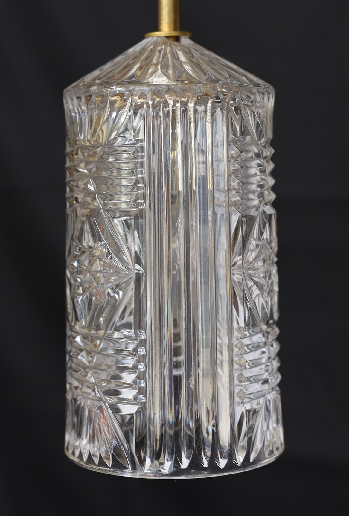 An early 20th century English brass and glass light pendant, height 26cm